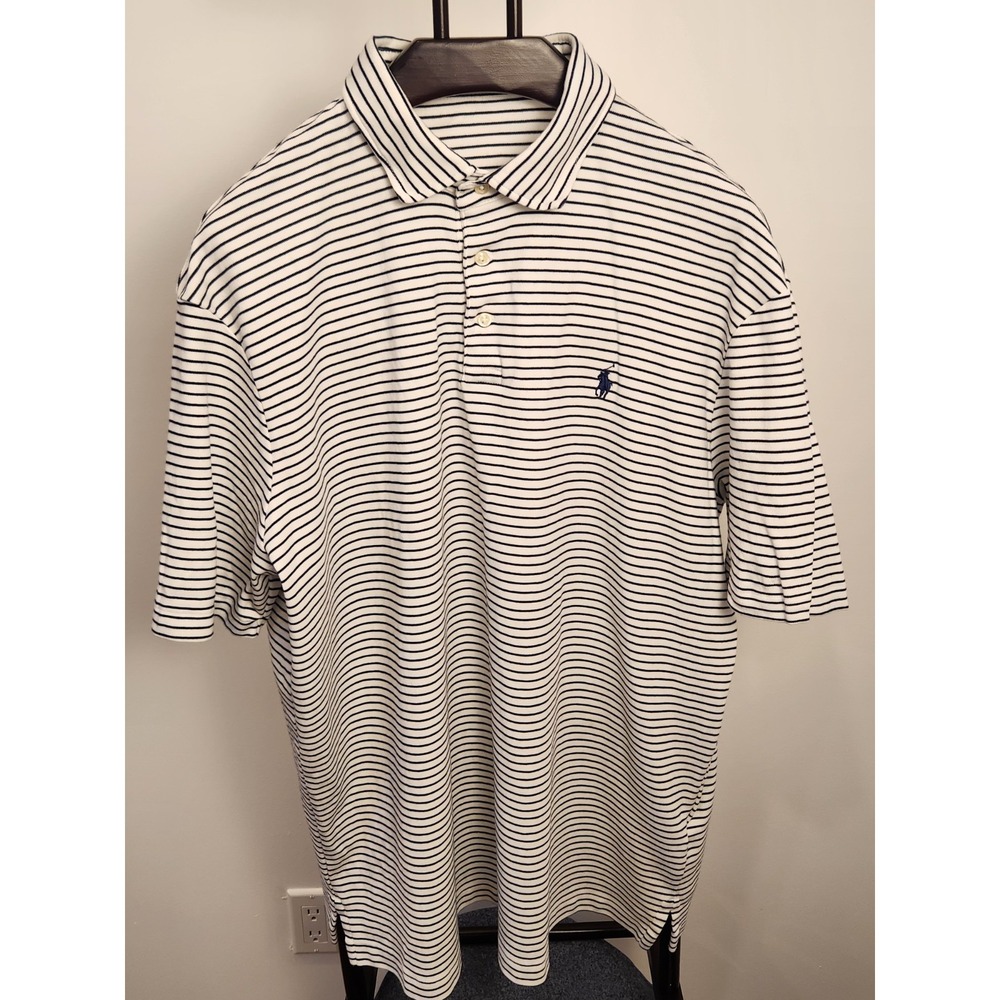 Polo Ralph Lauren Mens XL Polo Shirt Striped White Navy Blue Short Sleeve Pony